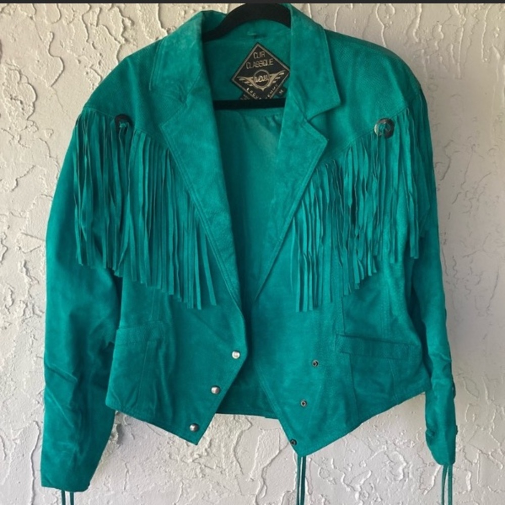 Vintage Turquoise Fringe Jacket Suede Medium 80s Festival